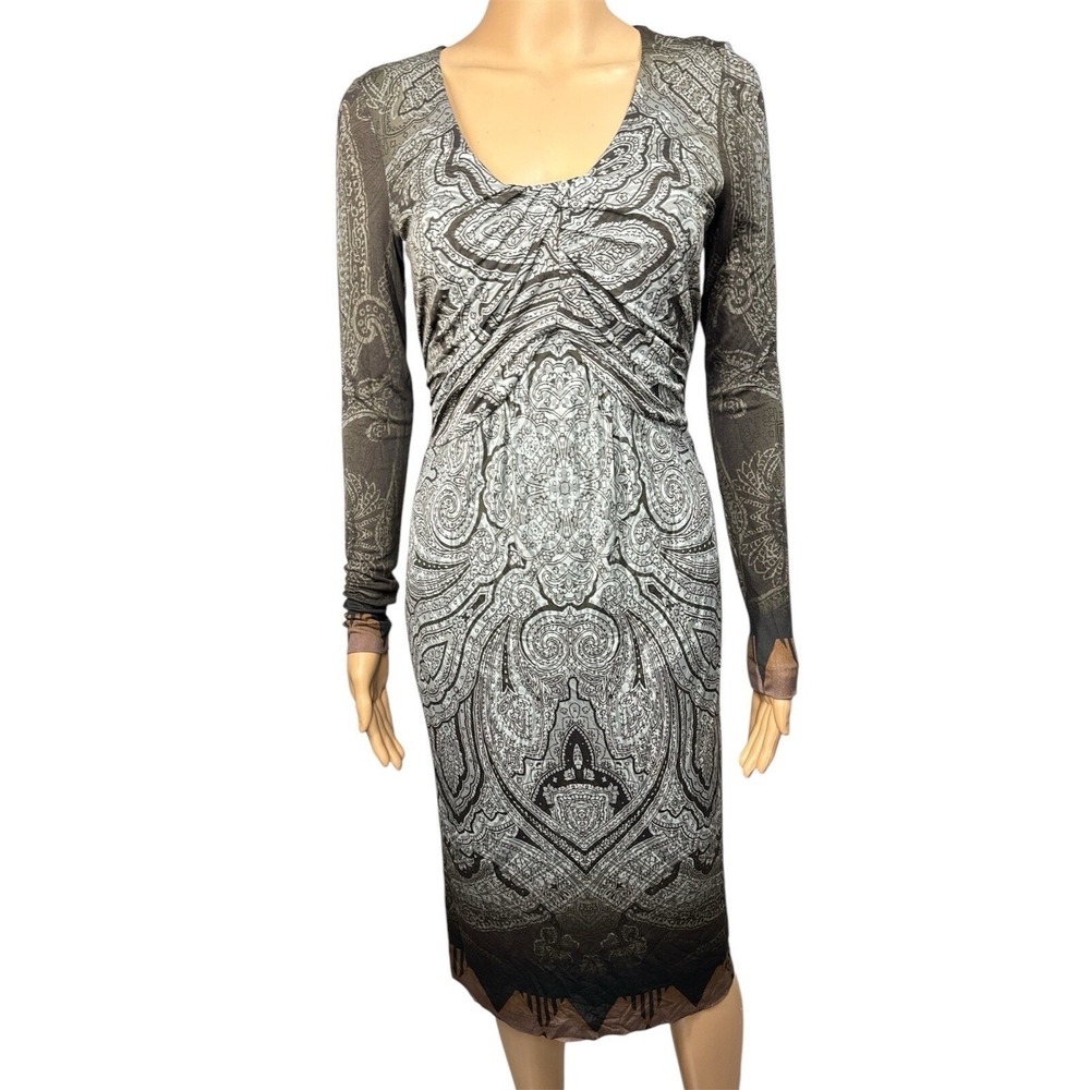 Etro Elegant Gray Paisley-Print Long Sleeve V-Neck Dress